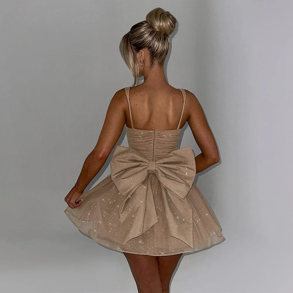 Fantoye Glitter Bright Silk Sparkling Bow Women Dress Apricot Spaghetti Strap Mini Dress Female Spring Slim Elegant Party Dress