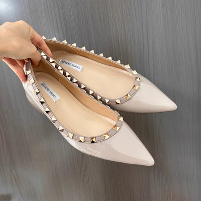 2025 New Luxury Brand Heels Women Shoes Metal Rivet Pointed Pumps Fashion Sexy Women Flats Single Shoes Zaptos Mujer