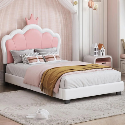 Bellemave Twin Size Princess Bed Frame With Crown Headboard, Pu Upholstered Princess Twin Bed For Girls,Kids Twin Platform