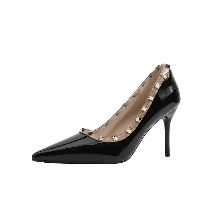 Sexy Pointed Toe Women's Soft Leather Pumps Autumn New Thin High Heels 2024 Latest Rivet Design Ladies Dress Shoes Big Size 42
