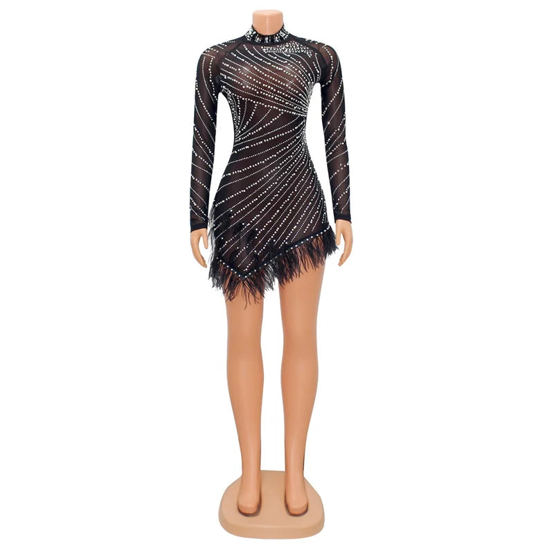 Sexy Pearls Rhinestone Party Dresses Women Elegance Nightclub Feather Birthday Dress Long Sleeve Mesh Sheer Bodycon Mini Dress