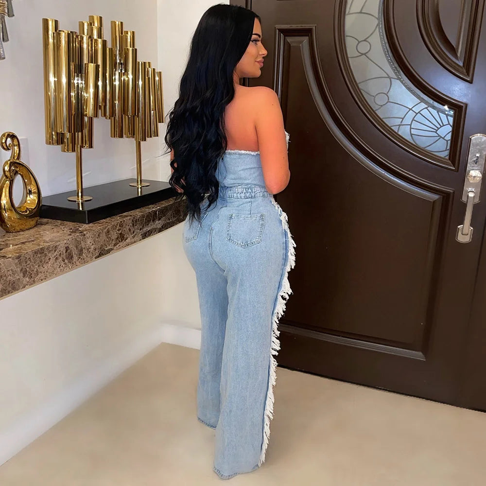 Sibybo Tassel Hollow Out  Overalls For Women Studded Diamond Strapless Backless Jeans Street Fashion Trend Jumpsuite Femme
