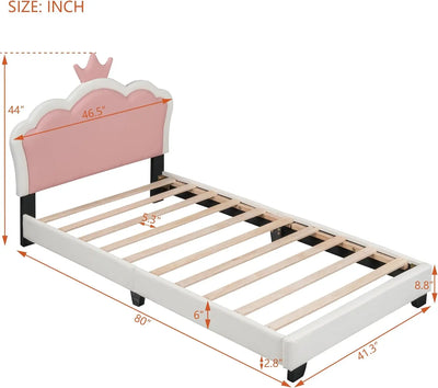 Bellemave Twin Size Princess Bed Frame With Crown Headboard, Pu Upholstered Princess Twin Bed For Girls,Kids Twin Platform