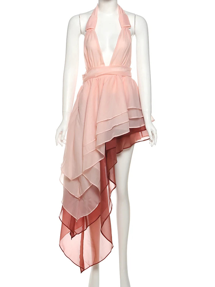 Weird Puss Tierred Tassel Dress Women Backless Sleeveless Halter Gradient Color Lace Pleated Sexy Beach Vacation Party Bodycon