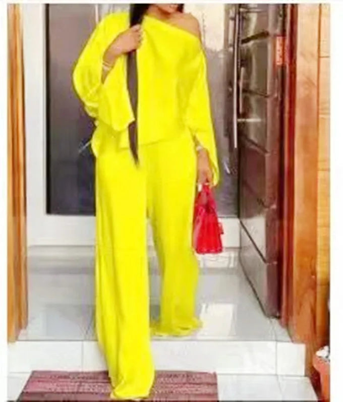 Women's Wide Leg Pants Two Piece Set Fashion Off Shoulder Shirt And Pants Sets Autumn Winter Casual Loose Solid Suit