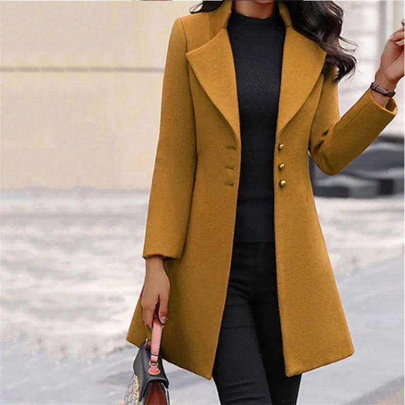 Autumn Winter Women Coats Fashion Lapel Collar Korean Style Slim Jackets Mid-Length Solid Color Button Office Lady Clothes - MAGUSTA BEAUTY