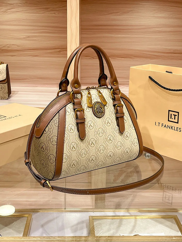 Khaki Retro Leather Women's Handbag Fashion Geometric Floral Girls Shoulder Bag Hundred Splicing Color Collision Girls Crossbody