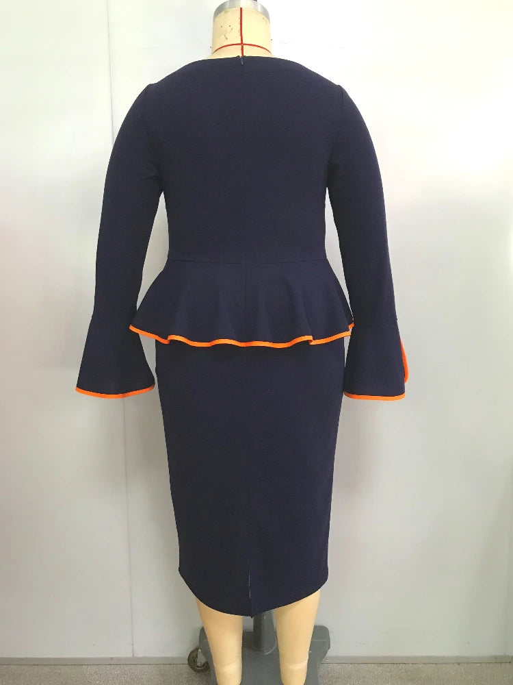 Elegant Women's Office Dress Round Neck Ruffle Edge Long Sleeved Dresses Formal Business Color Blocked Line Workwear New Style