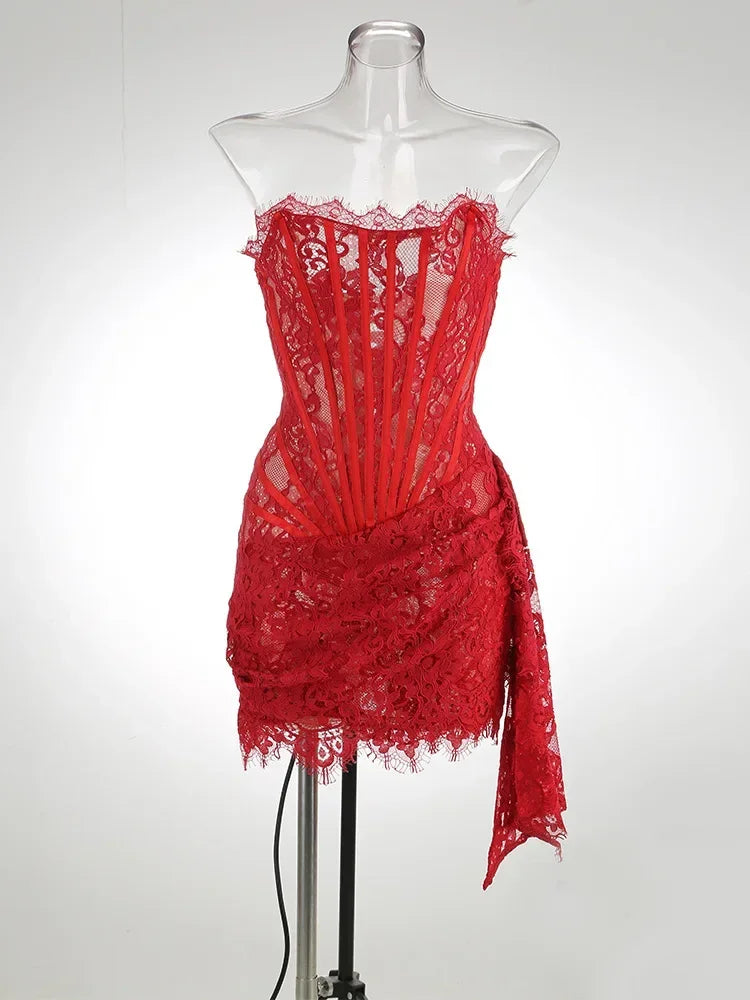 XIAOTANG Elegant Lace Strapless Sexy Mini Dress for Women Fashion Off-shoulder Irregular Ruched Bodycon Night Club Party Dress