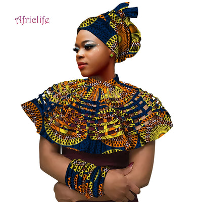Ankara African Shawl Collar Women Multi Strands Net Necklace and 1 Headband and10 bracelets Handmade Jewelry SP159