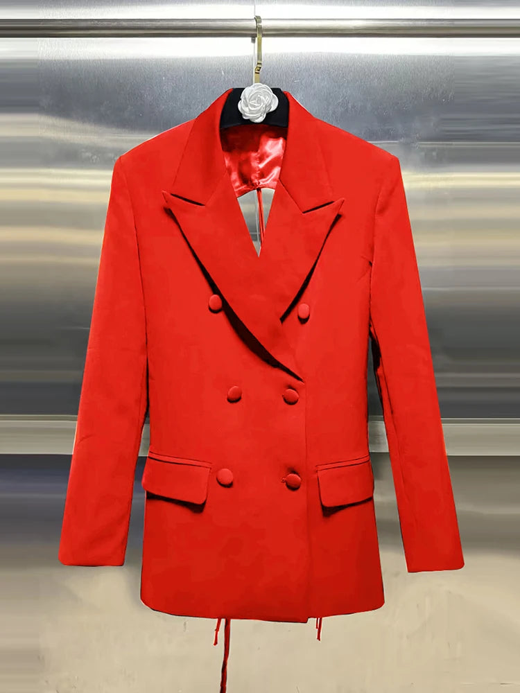 VGH Minimalist Patchwork Drawstring Solid Blazers For Women Notched Collar Long Sleeve Backless Hollow Out Blazer Female Style