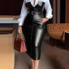 Womens Shirt Collar Dresses New Autumn Buttons Long Sleeve PU Leather Patchwork Pocket Skinny Belted Lapel Female Midi Dress