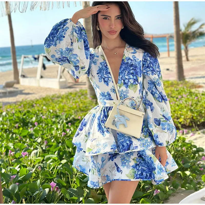 Women Tie-dye 3d Flower Deep V Neck Flare Sleeve Mini Dresses Fashion Slim Printed Multiple Pleat Vestidos New Lady Holiday Wear