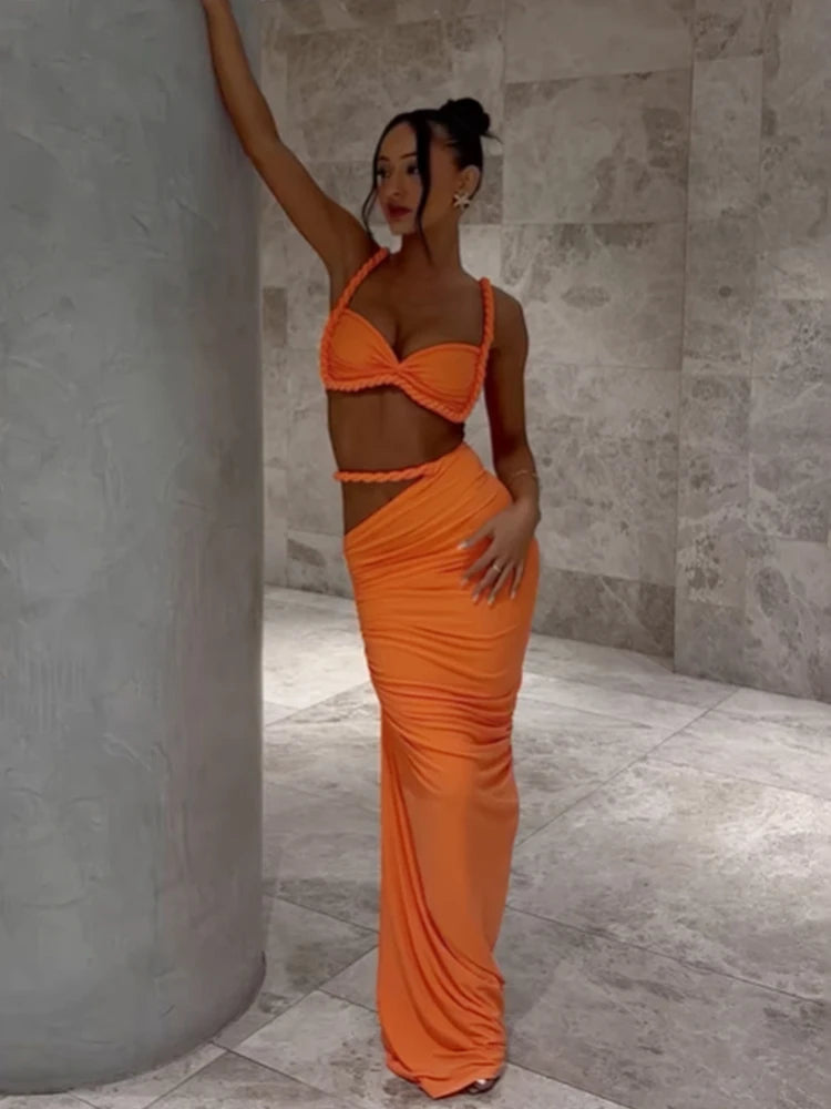 Nibber Sexy Women 2 Piece Set Bandage Ruched Square Collar Bra+Skinny Long Skirts 2025 Summer Vacation Beach Party Trend Suits
