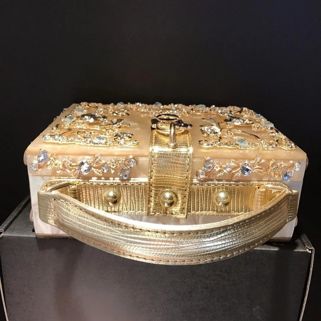 High-Grade crystal Evening Bag Female New Hollow Out Metal Carved Flower Diamond Handbag Box Fashion Chic Shoulder Crossbody Bag
