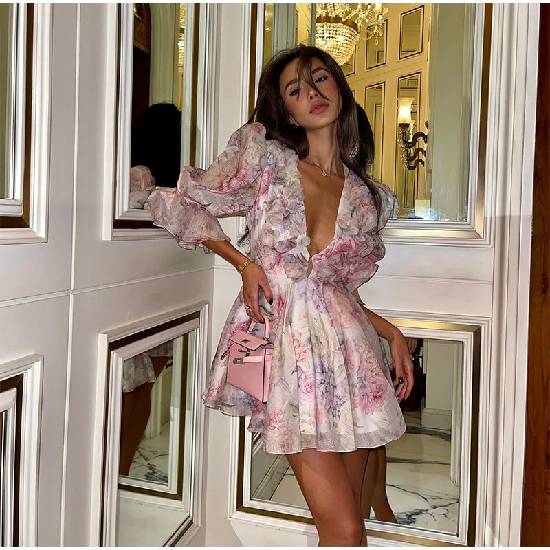 Women Tie-dye 3d Flower Deep V Neck Flare Sleeve Mini Dresses Fashion Slim Printed Multiple Pleat Vestidos New Lady Holiday Wear