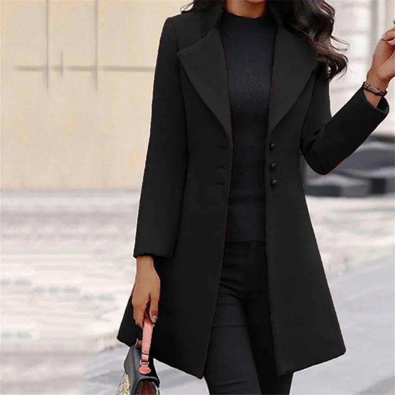Autumn Winter Women Coats Fashion Lapel Collar Korean Style Slim Jackets Mid-Length Solid Color Button Office Lady Clothes - MAGUSTA BEAUTY