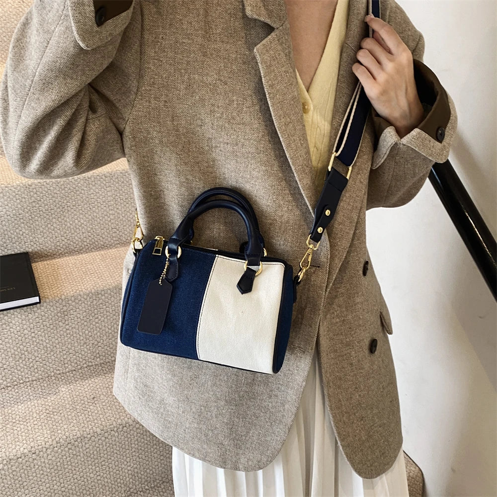 Patchwork Colorblock Mini Handbags For Women Denim Shoulder Cross Body Bags Casual Street Small Boston Bag 2024 Designer Purses