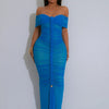 Beyprern Luxe Goddess Ruched Mesh Maxi Dress Elegant Women's Off Shoulder Pleated Bandage Beach Vacation Dress Holiday Outfits