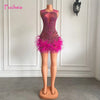 Stunning Sparkly Luxury Diamond Women Birthday Party Cocktail Gowns Sexy Sheer Pink Feather Mini Short Prom Dresses 2025