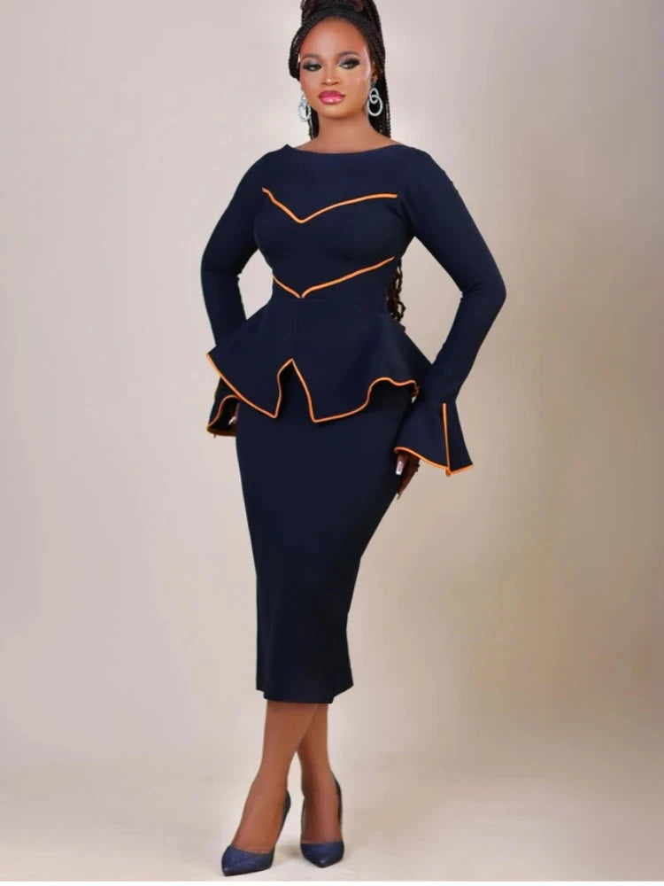 Elegant Women's Office Dress Round Neck Ruffle Edge Long Sleeved Dresses Formal Business Color Blocked Line Workwear New Style