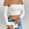 Off Shoulder Crop T-Shirt, Casual Long Sleeve Top For Spring & Fall, Women's Clothing
