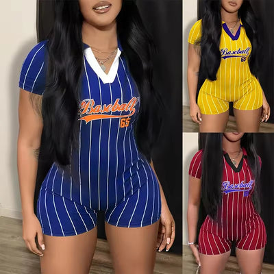 Women's V Neck Casual Jumpsuit One Piece Tight Short Rompers Sports Clothes Baseball Letter Print Summer Outfit New Fashion 2023