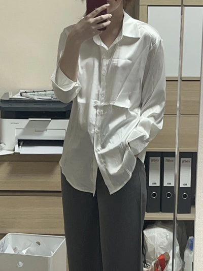 Elegant Satin Loose Women Shirt Spring Turn-down Collar Ladies Blouse Autumn Vintage Casual Button Silk Tops
