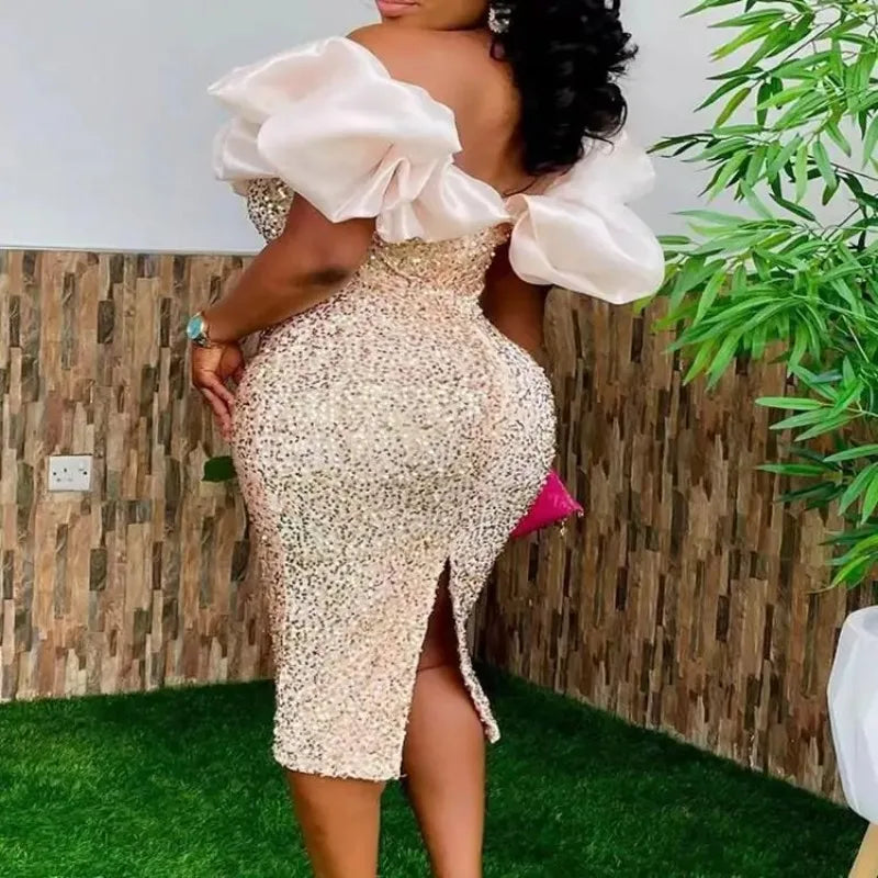 2025 African Dresses for Women Summer Elegent African Women Sequin Solid Color Knee-length Dress African Clothes Women
