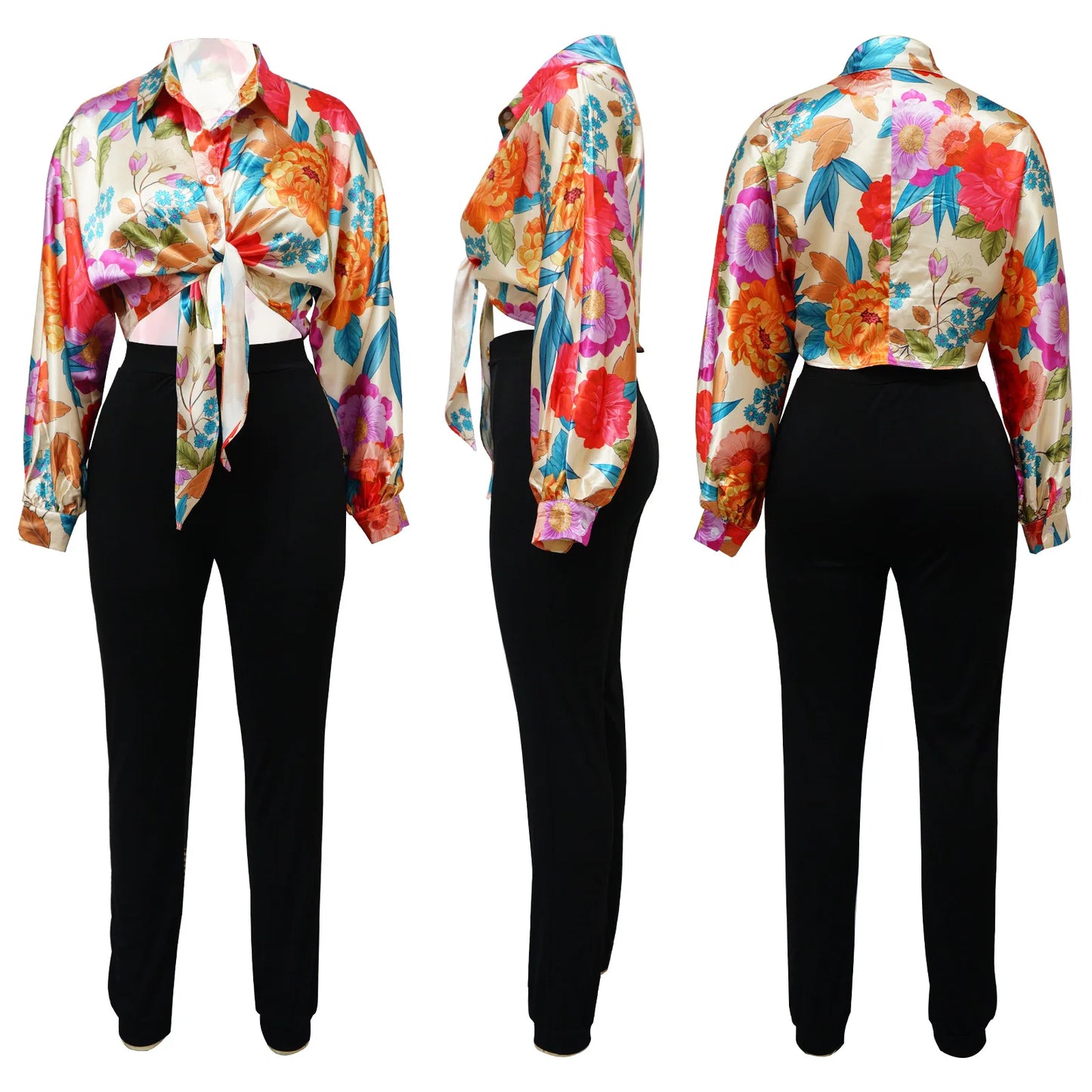 Women Imitation Silk Printed Casual Shirt Top Women Lantern Long Loose Blouse Female Clothes