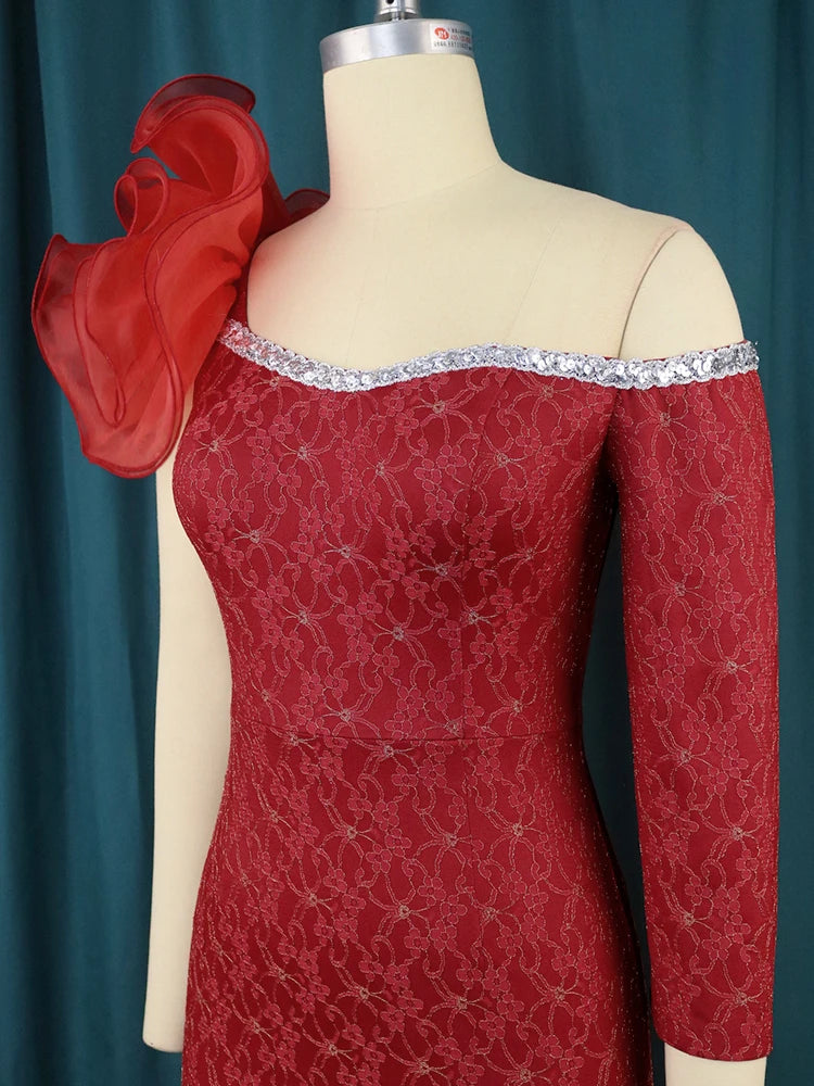 AOMEI Women Party Dress Off Shoulder One Sleeve Tiered Ruffle Slit Long Burgundy Lace Christmas Birthday Elegant Prom Event Gown