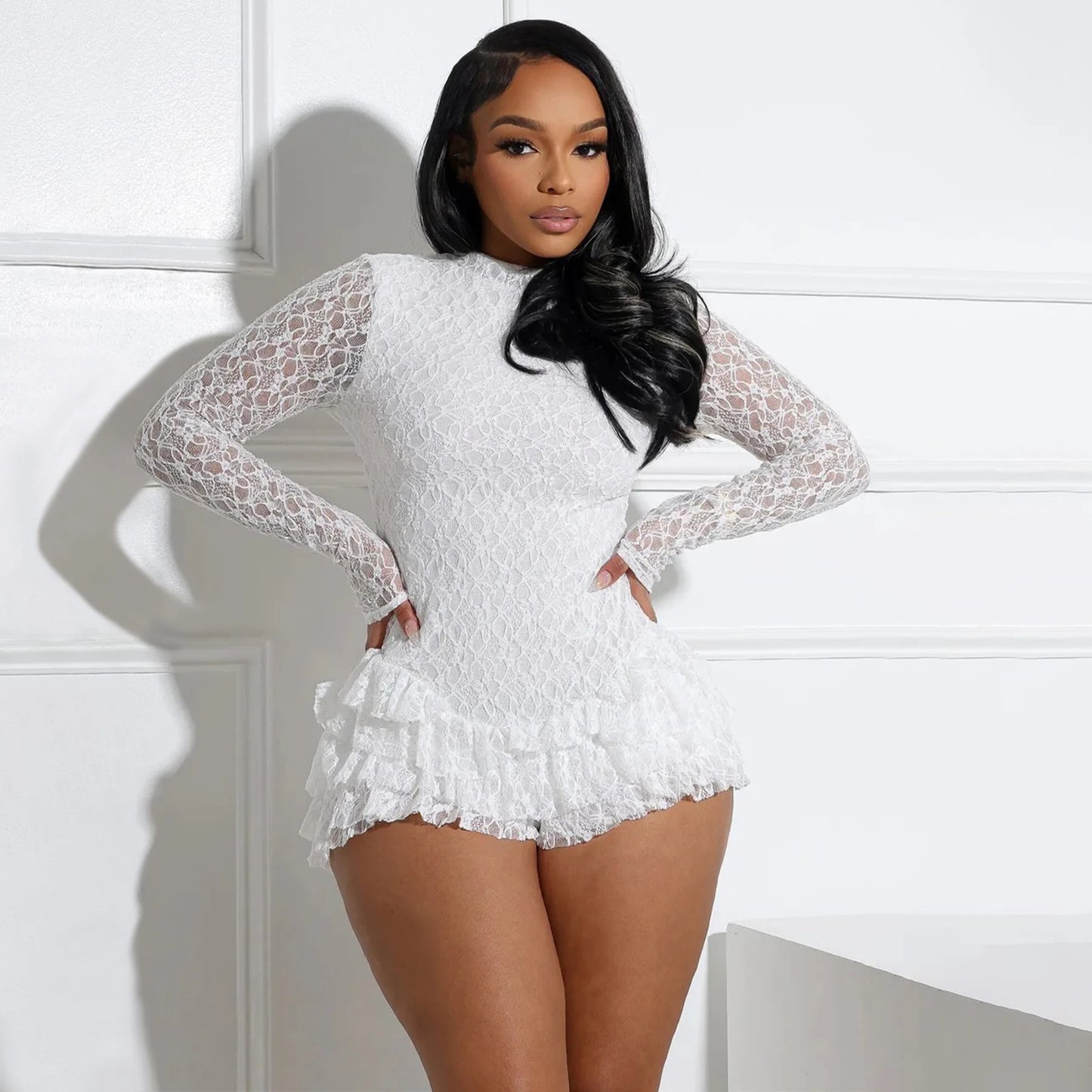 CM.YAYA Women Long Sleeve Lace Ruffles Ruched High Waist Short Jumpsuit Streetwear Backless Street One Piece Romper Playsuit
