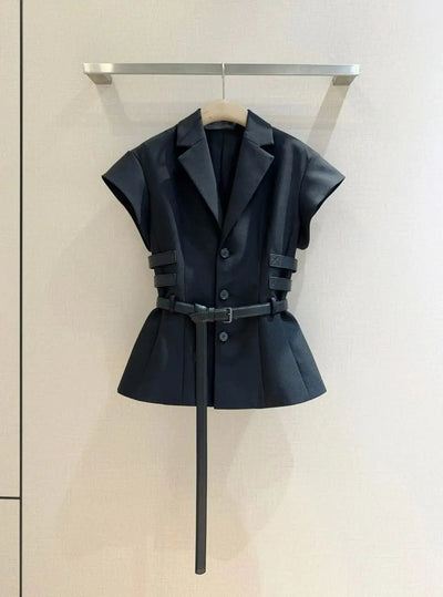 2025 Summer Women's Black Tailored Blazer 100% Polyester Belted Waist Statement Long Strap Slim Fit Chic Office Casual Workwear