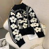 Pearl Beading Floral Knitted Women Sweater Tops 2023Autumn Winter Vintage Elegant Ladies Pullover Long Sleeve Fashion Jumpers