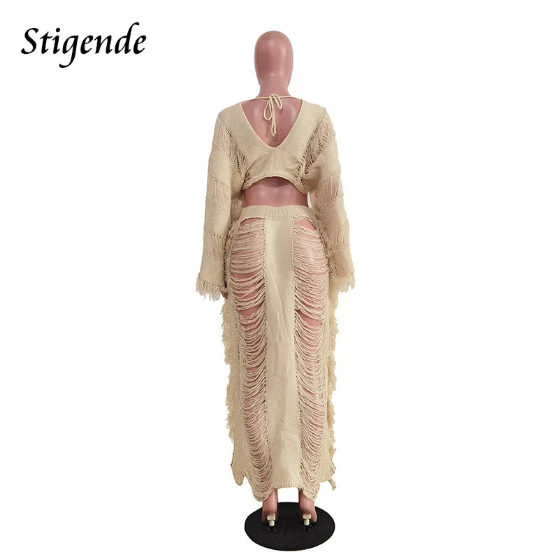 Women Summer Beach 2 Piece Skirt Set Long Sleeve Crop Top and Maxi Skirt Crochet Swimwear Fringe Tassel Hollow Out Loose Outfits