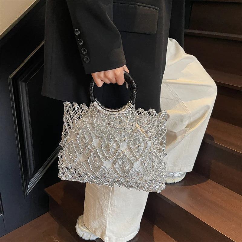 MOODS Handmade Woven Design Round Handle Handbags For Women Eco-friendly Craft Paper Hollow-out Luxury Designer Top-handle Bags