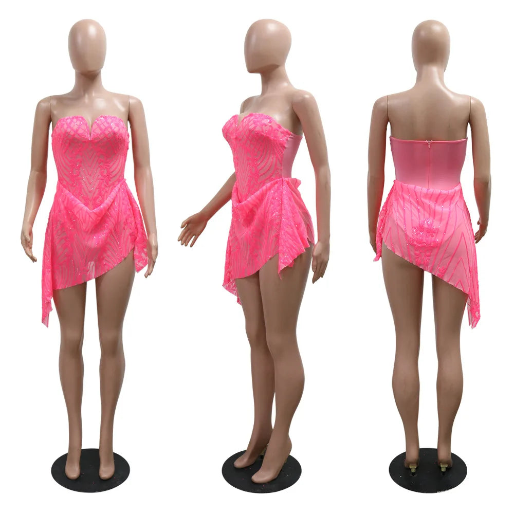 CM.YAYA Women Strapless V-neck Fashion Sequined Sexy Dress Mesh See Through 2024 Summer Night Club Evening Party Mini Dresses