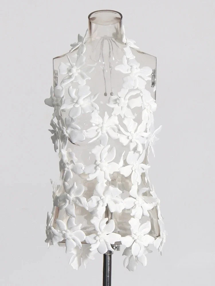 VGH Spliced 3D Flower Cutout Sexy Vest for Women Halter Sleeveless Backless Off Shoulder Patchwork Lace Up Summer Top Female new