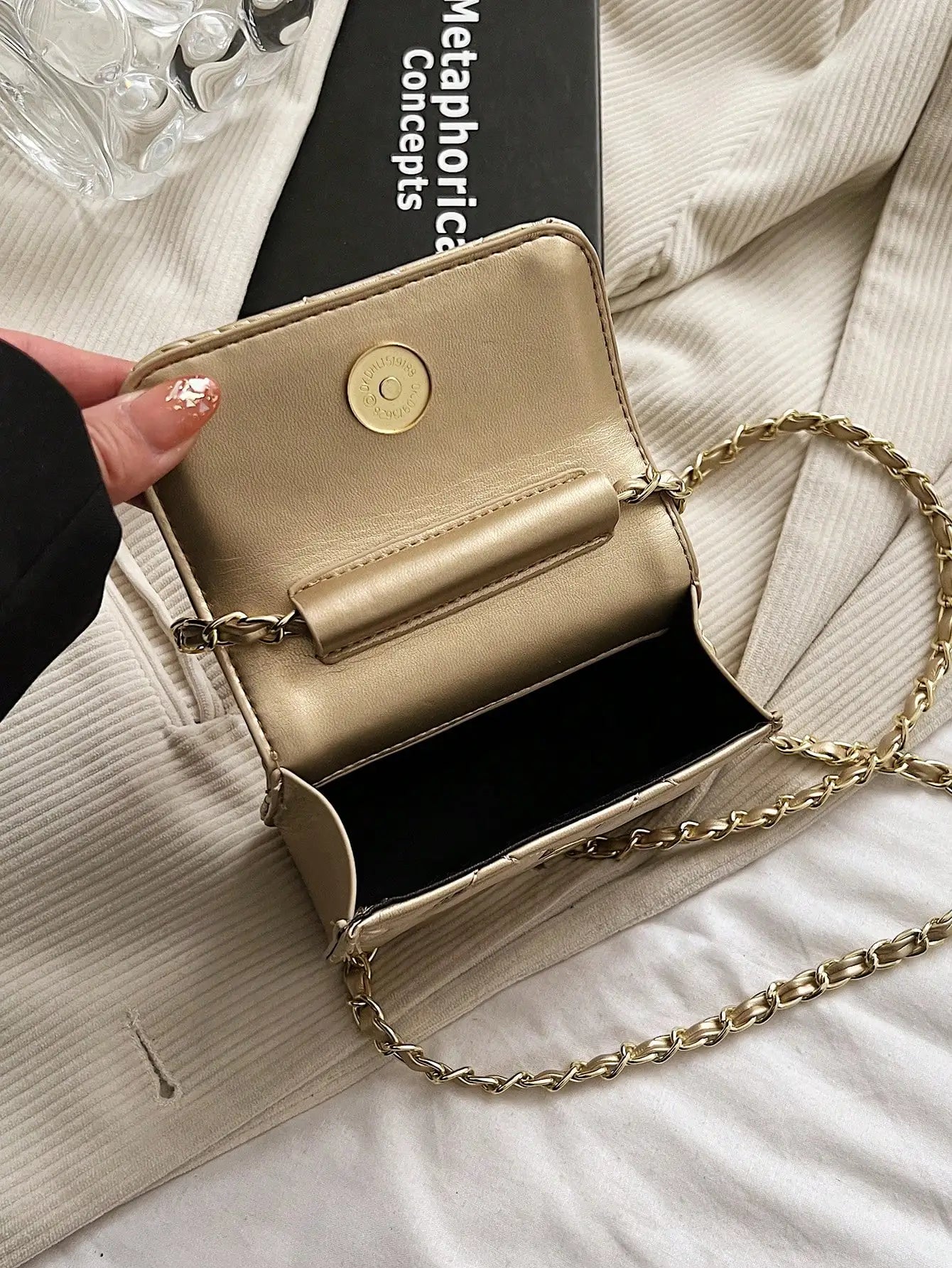 Simple And Versatile Texture Mini Bag With Gold Ball Chain Strap Shoulder Bag Crossbody Bag 	Purse Women's Bag