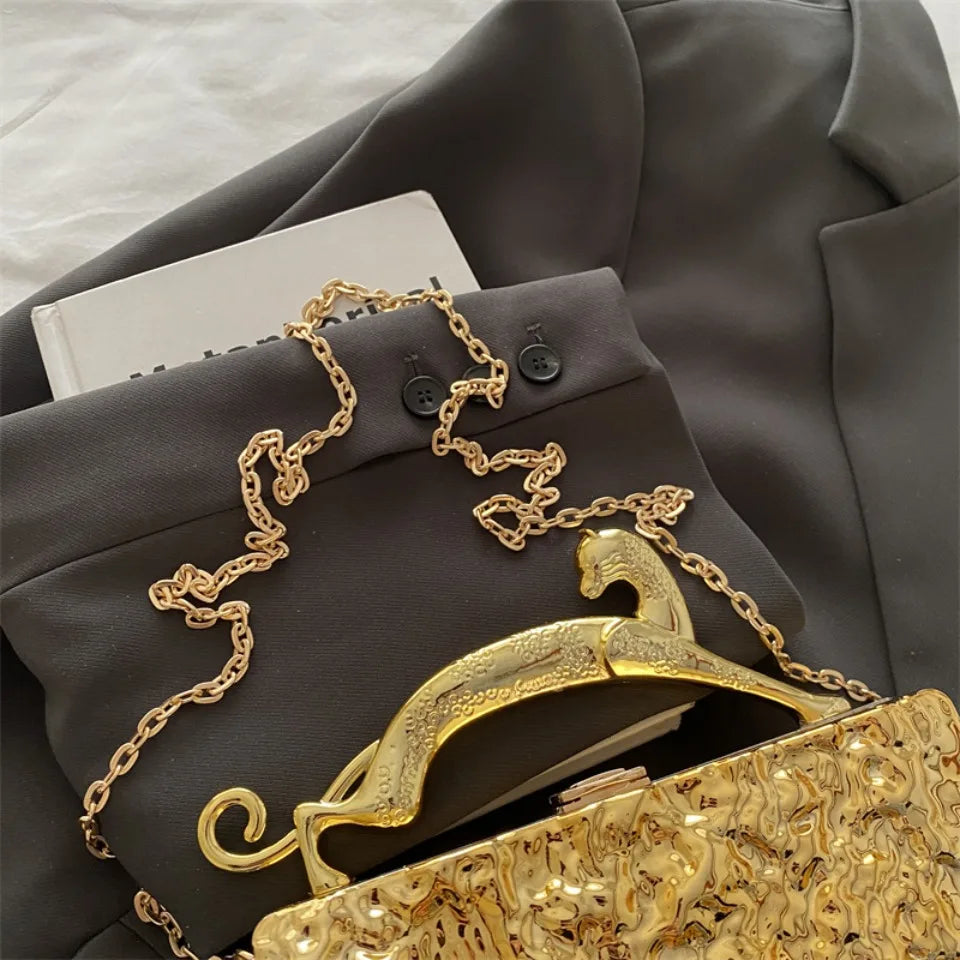 Leopard handle Luxury Gold Silver Party Evening Bag For Women Chain Clutch Handbags And Purses Mini Crossbody Shoulder Phone Bag