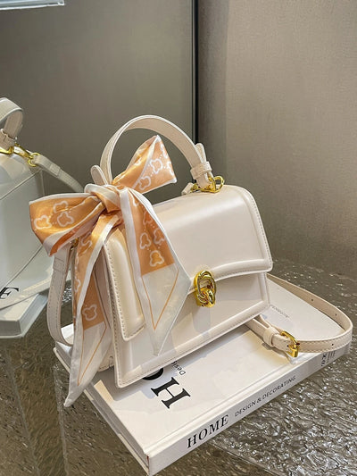Bow Decor Lightweight Flap Bag, Business Casual Mini Women's Shoulder Bag Skinny Scarf Decor Square Bag For Teen Girls Women