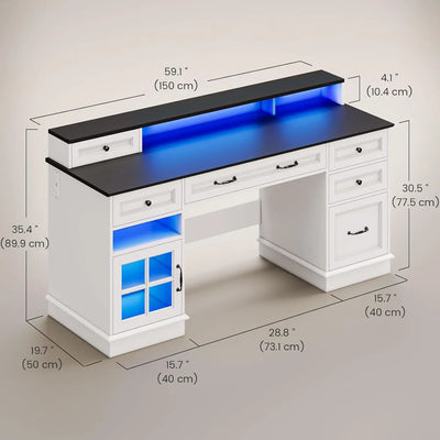 Farmhouse Executive Desk with Drawers Computer Desk with File Drawers, Power Outlet and Led Lights, Executive Office Desk