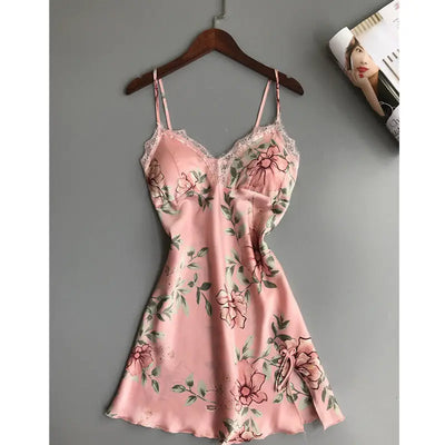 Floral Satin Silk Night Dress Women Sexy Bras V-Neck Gecelik Linger Lace Sleepwear Dress Print Nightgowns Women Sexy Nightdress