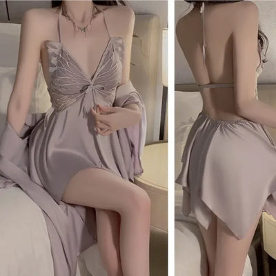 New Women Bow Lace Nighty Robe Sexy Lingerie Thin Silk Satin Nightgowns Pajama Dress Female Backless Sexy Sleepwear