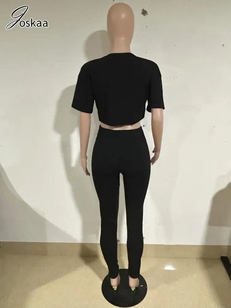 Joskaa Elegant 2 Piece Set Women Sexy Hollow Pin Short Sleeve Crop Tops and Pencil Pants Matching 2025 Summer Party Club Outfits