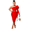 CMYAYA Women One Shoulder Skew Neck Bow Splicing One Long Sleeve Bodycon Midi Dress 2022 Sexy Party Prom Evenging Summer Dresses