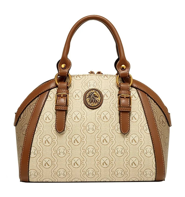 Khaki Retro Leather Women's Handbag Fashion Geometric Floral Girls Shoulder Bag Hundred Splicing Color Collision Girls Crossbody
