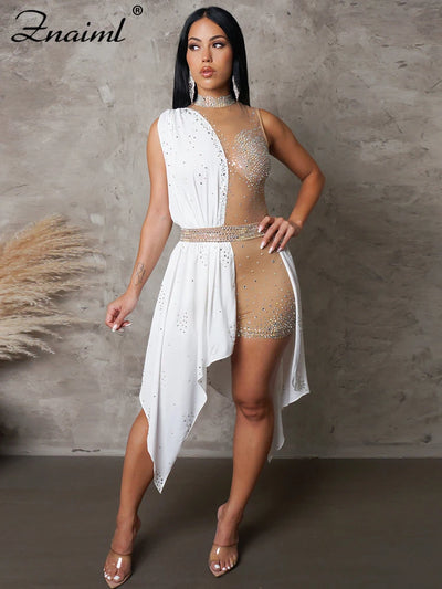 Znaiml Sexy Nightclub One Piece Outfit Romper Playsuit Women Birthday Diamonds Rhinestones Mesh Streamer Side Irregular Jumpsuit