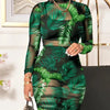2024Spring Summer Women 3PCS Crop Top & Shorts Set with Tropical Print Sheer Mesh Bodycon Dress Sexy Lady Three Piece Dress Set