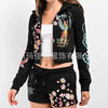 Sifreyr Street Printed Fashionable Casual Versatile Shorts Set Hooided Long Sleeved Zipper Cardigan Jacket High Waist Suit